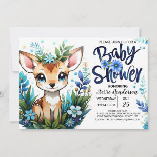 Whimsical Blue Fawn Woodland Baby Shower for Boy Invitation