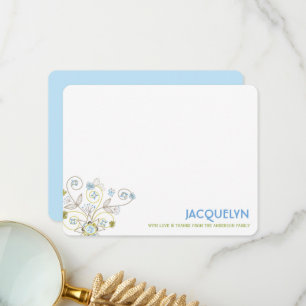 Whimsical Blue Floral Blooms Chic Boy Baby Shower Thank You Card