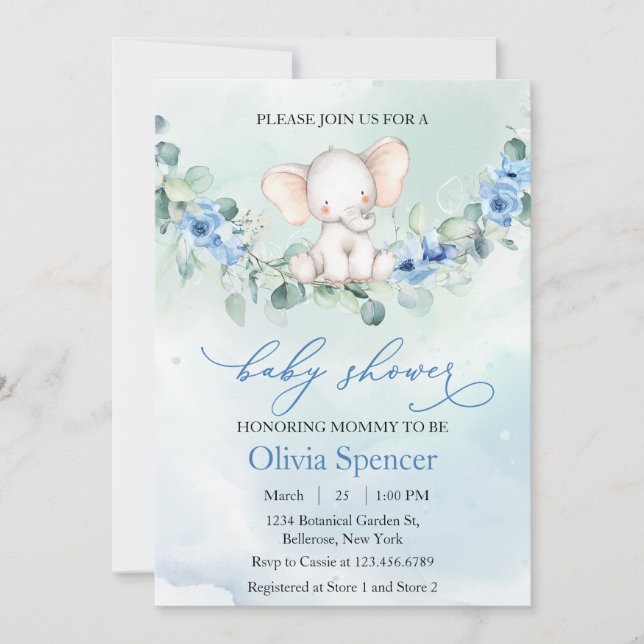 Whimsical Blue Floral Elephant Baby Shower  Invitation (Front)