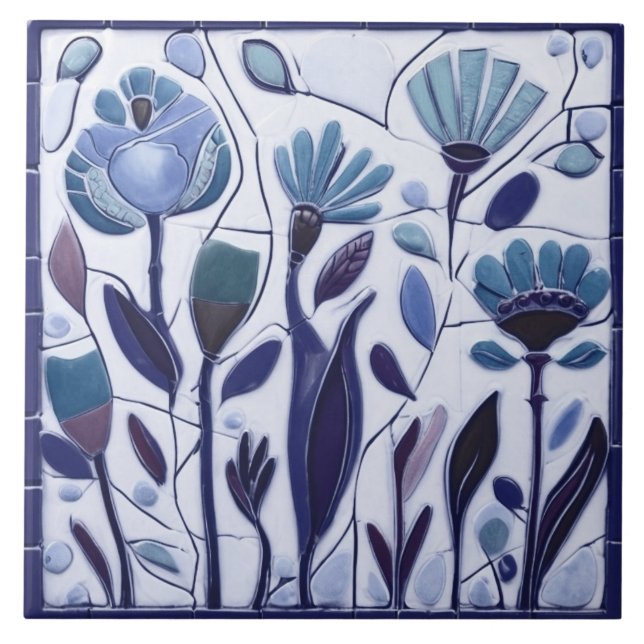 Whimsical Blue Floral Flowers Tile (Front)