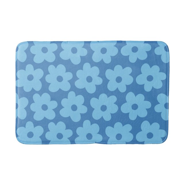 Whimsical Blue Floral Retro, Cheerful, Preppy Bath Mat (Front)