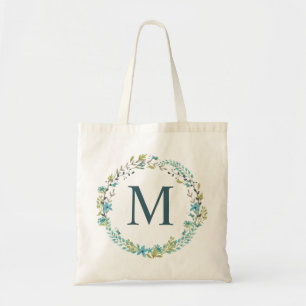 Whimsical Blue Floral Wreath Monogram Tote Bag