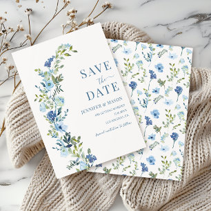 Whimsical Blue Floral Wreath Save The Date Invitation