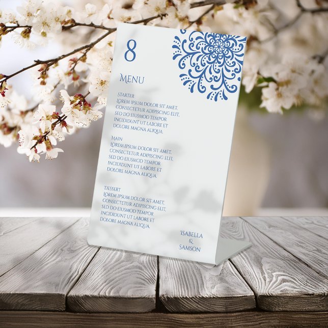 Whimsical Blue Flourish Wedding Menu Pedestal Sign (Creator Uploaded)