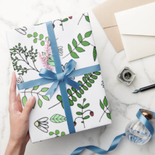 Whimsical Blue Flowers and Forest Leaves Wrapping Paper