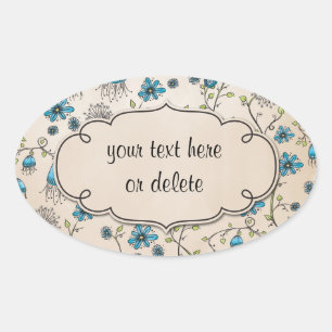 whimsical blue flowers on beige oval sticker