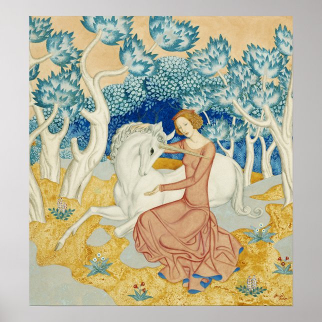 Whimsical Blue Forest Unicorn & Maiden Art Poster (Front)