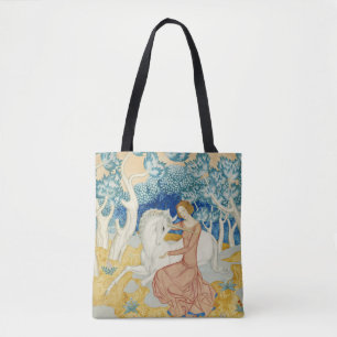 Whimsical Blue Forest Unicorn & Maiden Art Tote Bag