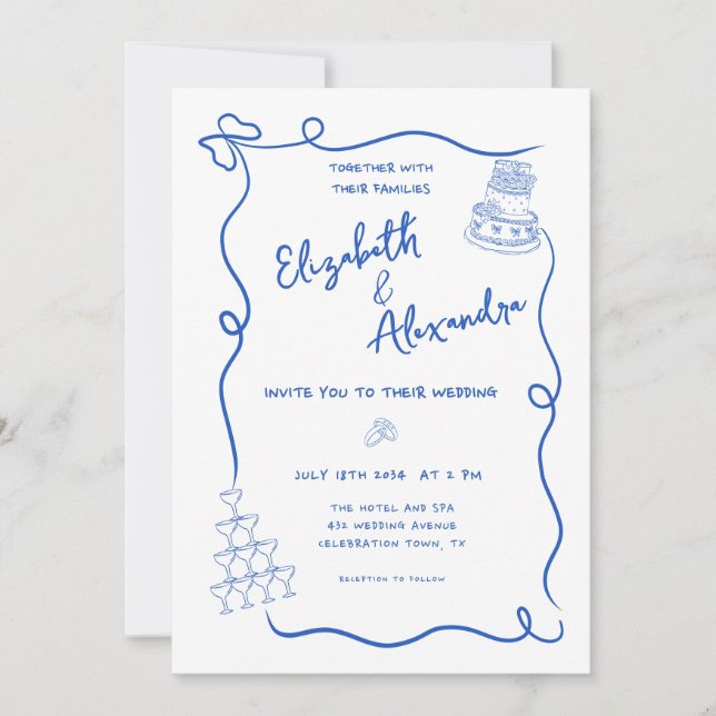Whimsical Blue French Hand Drawn Wedding Invitation (Front)