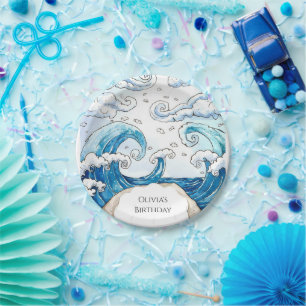Whimsical Blue Fun Ocean Waves Birthday Paper Plate