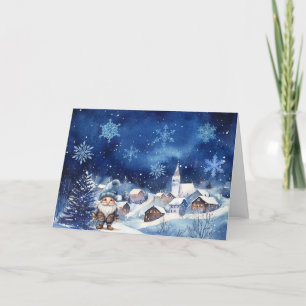 Whimsical Blue Gnome & Snowflakes Christmas Card