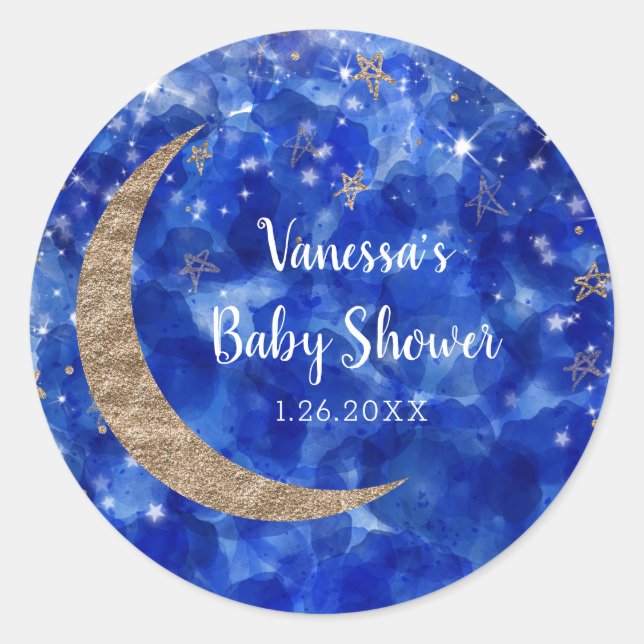 Whimsical Blue Gold Bronze Moon Stars Baby Shower Classic Round Sticker (Front)