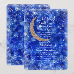 Whimsical Blue Gold Bronze Moon Stars Baby Shower Invitation