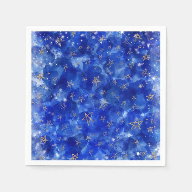 Whimsical Blue Gold Bronze Moon Stars Baby Shower Napkin (Front)
