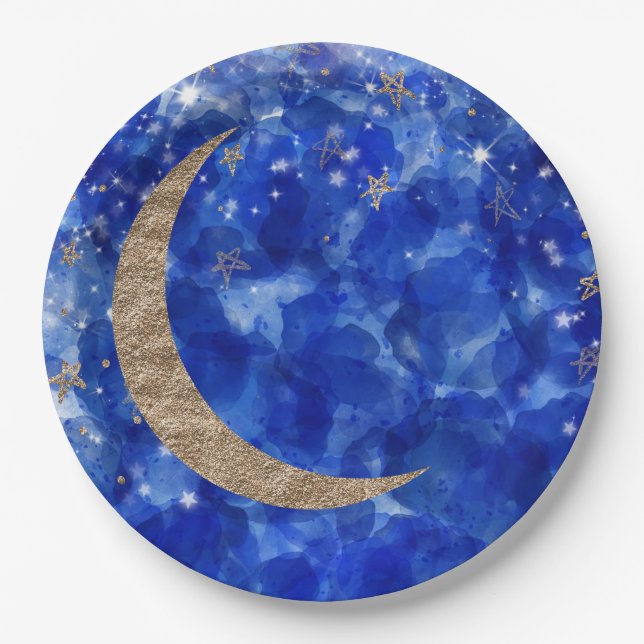 Whimsical Blue Gold Bronze Moon Stars Baby Shower Paper Plate (Front)