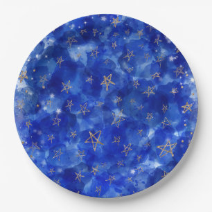 Whimsical Blue Gold Bronze Moon Stars Baby Shower Paper Plate