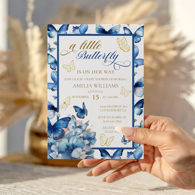 Whimsical Blue Gold Butterfly Girl Baby Shower Invitation (Creator Uploaded)