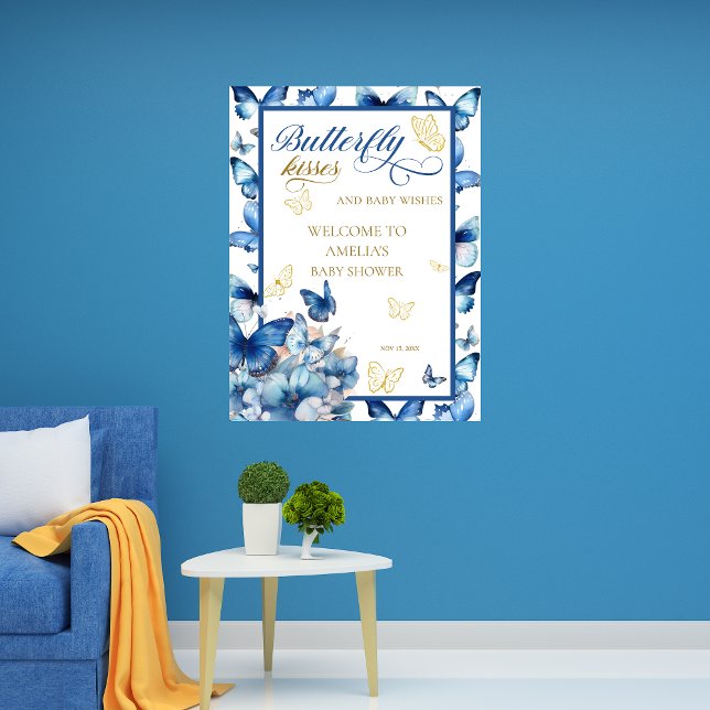 Whimsical Blue Gold Butterfly Kisses Baby Shower Poster (Creator Uploaded)