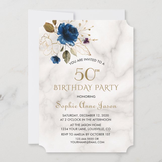 Whimsical Blue Gold Floral 50th Birthday Invitation (Front)