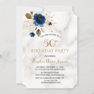 Whimsical Blue Gold Floral 50th Birthday Invitation