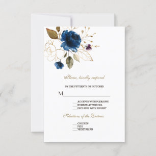 Whimsical Blue Gold Floral Wedding RSVP