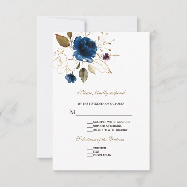 Whimsical Blue Gold Floral Wedding RSVP (Front)