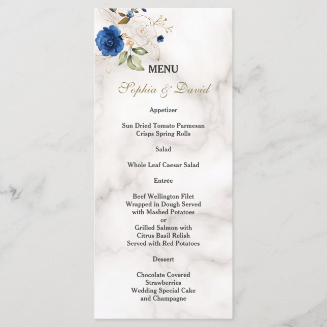 Whimsical Blue Gold Flowers Monogram Wedding Menu (Front)