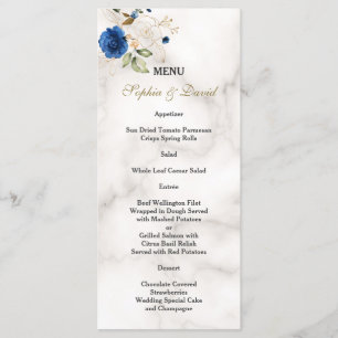 Whimsical Blue Gold Flowers Monogram Wedding Menu