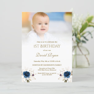 Whimsical Blue Gold Flowers Photo Boy 1st Birthday Invitation