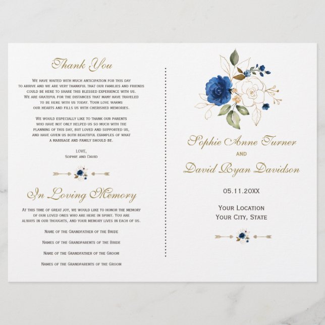 Whimsical Blue Gold Flowers Wedding Program (Front)