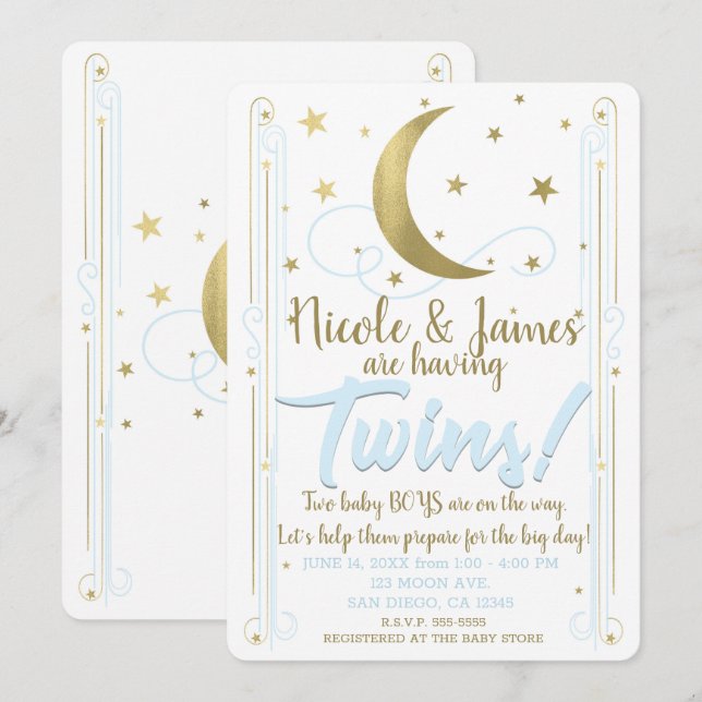 Whimsical Blue Gold Moon Stars Twins Baby Shower Invitation (Front/Back)