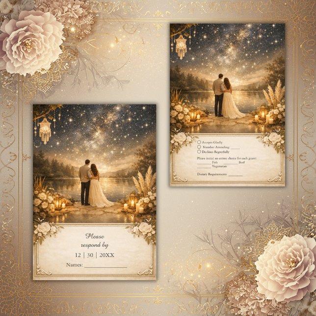 Whimsical Blue Gold Starry Night outdoor wedding RSVP Card (Creator Uploaded)