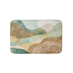 Whimsical Blue Green Brown Abstract Mountains Bath Mat