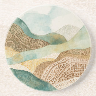 Whimsical Blue Green Brown Abstract Mountains Coaster