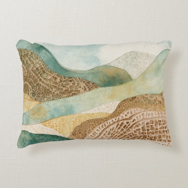 Whimsical Blue Green Brown Abstract Mountains Decorative Cushion (Front)