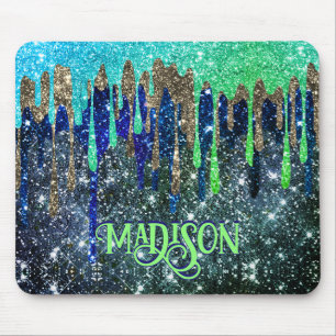 Whimsical blue green Glitter drips monogram Mouse Mat