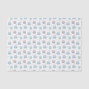 Whimsical Blue Green Owls and Flowers Pattern Tissue Paper