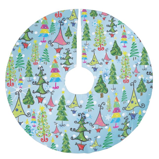 Whimsical Blue Green Snowflakes Christmas Trees Brushed Polyester Tree Skirt (Front)