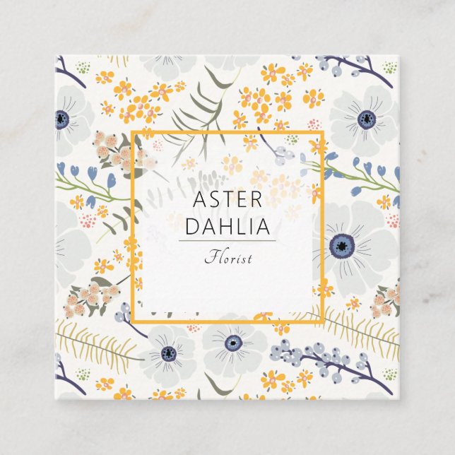 Whimsical Blue Grey Yellow Flowers Square Business Card (Front)