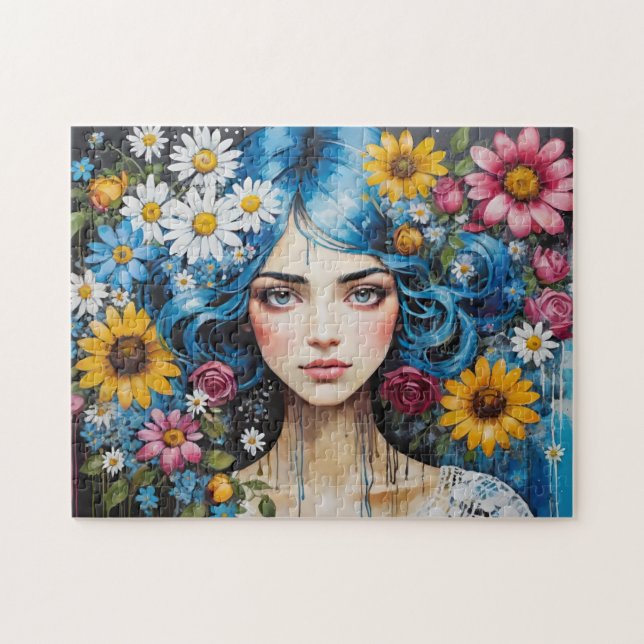 Whimsical Blue Hair Girl with Flowers Paint Drips Jigsaw Puzzle (Horizontal)
