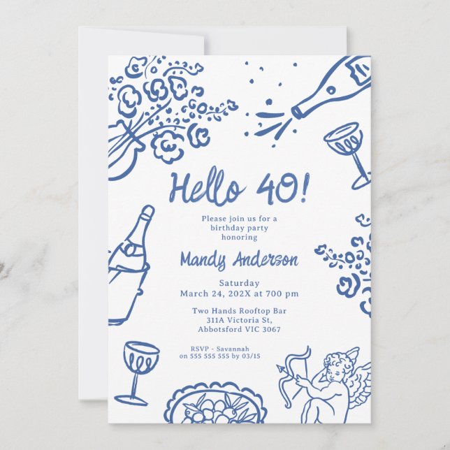 Whimsical Blue Hand Drawn 40th Birthday Party Invitation (Front)