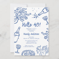 Whimsical Blue Hand Drawn 40th Birthday Party
