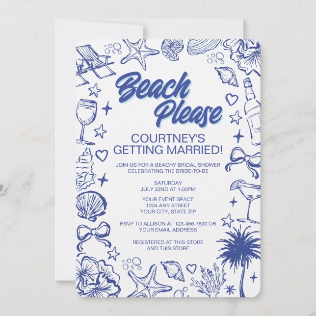 Whimsical Blue Hand Drawn Beach Bridal Shower Invitation (Front)