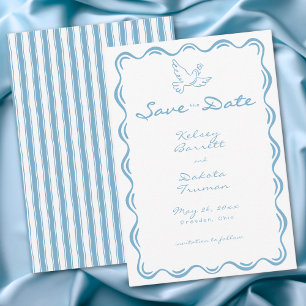 Whimsical Blue Hand Drawn Floral Stripe Wedding Save The Date