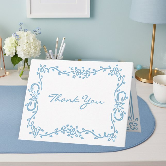 Whimsical Blue Hand Drawn Floral Stripe Wedding Thank You Card (Whimsical Blue Hand Drawn Floral Stripe Wedding Thank You Card)
