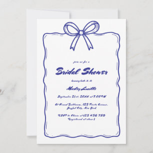 Whimsical Blue Hand Drawn Ribbon Bow Bridal Shower Invitation