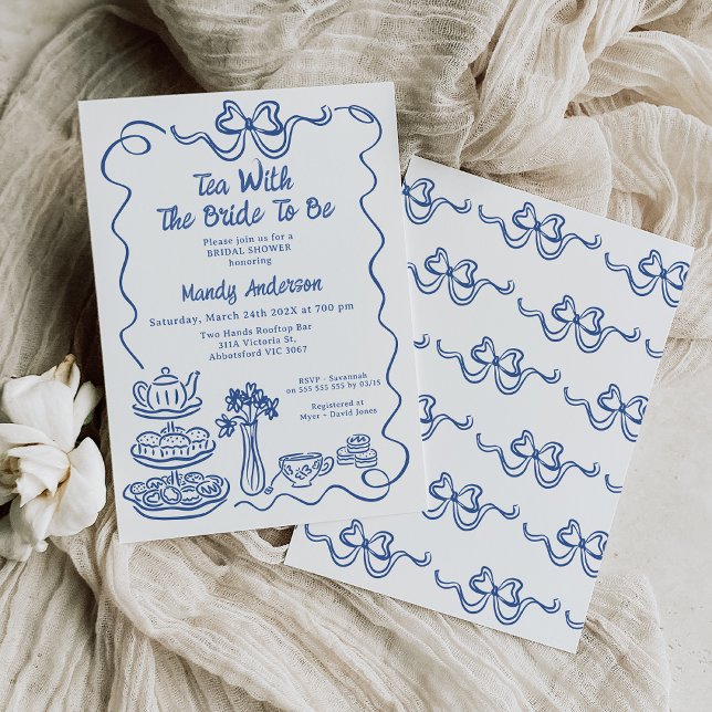 Whimsical Blue Hand Drawn Tea Bridal Shower Invitation (Blue Hand Drawn Tea Bridal Shower Invitation Template, Whimsical Tea with Bride To Be Bridal Shower )