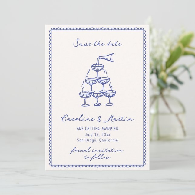 Whimsical blue, Hand drawn wedding save the date  Invitation (Standing Front)
