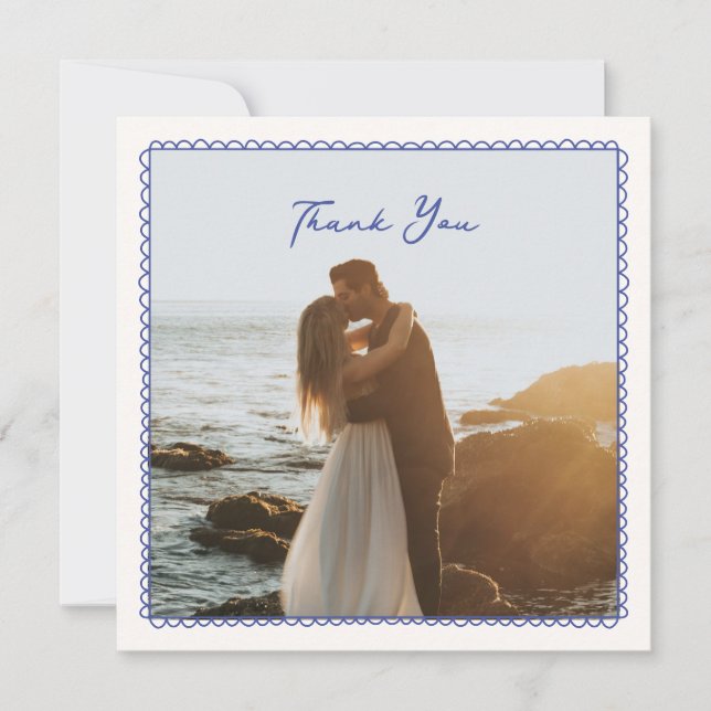 Whimsical, blue hand drawn wedding thank you card (Front)