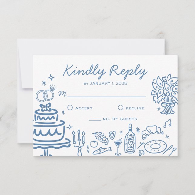 Whimsical Blue HandDrawn Doodles Wedding Response (Front)